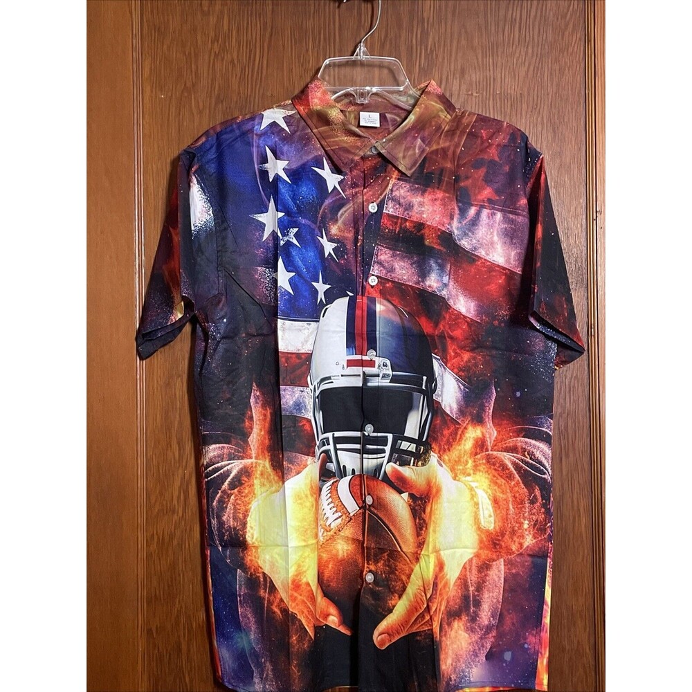 American Flag Button Down Shirt Patriotic USA Football Helmet Large Short Sleeve